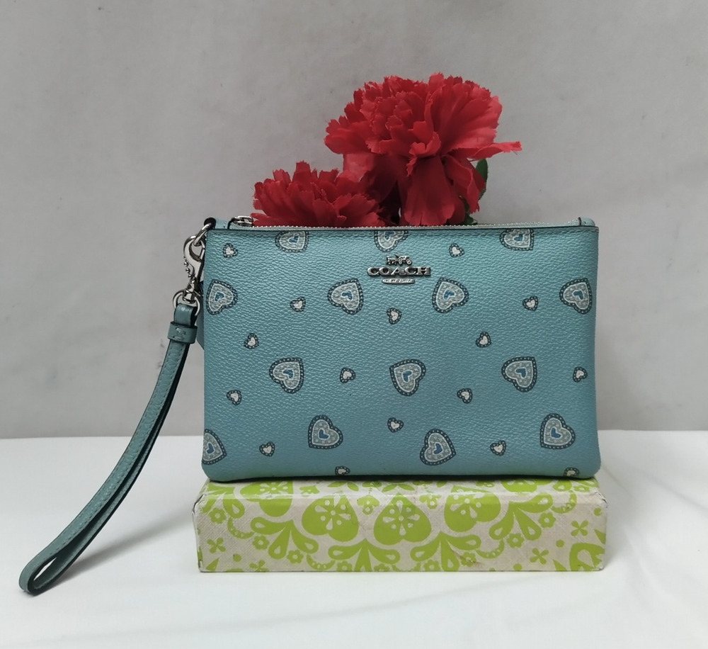 Coach Blue Leather Hearts Zipper Closure Wristlet - Coin Wallet Wallet